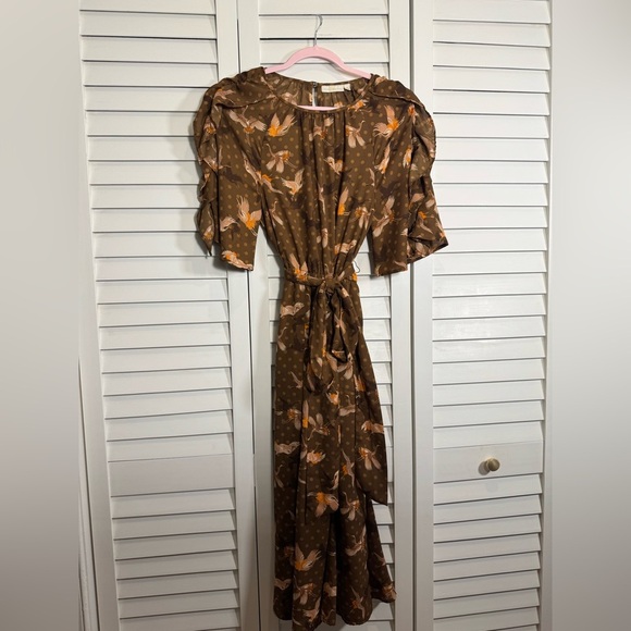 Happy Nature by Kate Hudson Brown Floral & Crane Women's Midi Dress Size Small - Picture 4 of 7